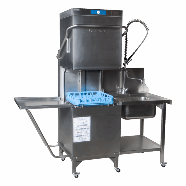 Pass-through dishwasher, running direction right -&gt; left, pre-rinse basin